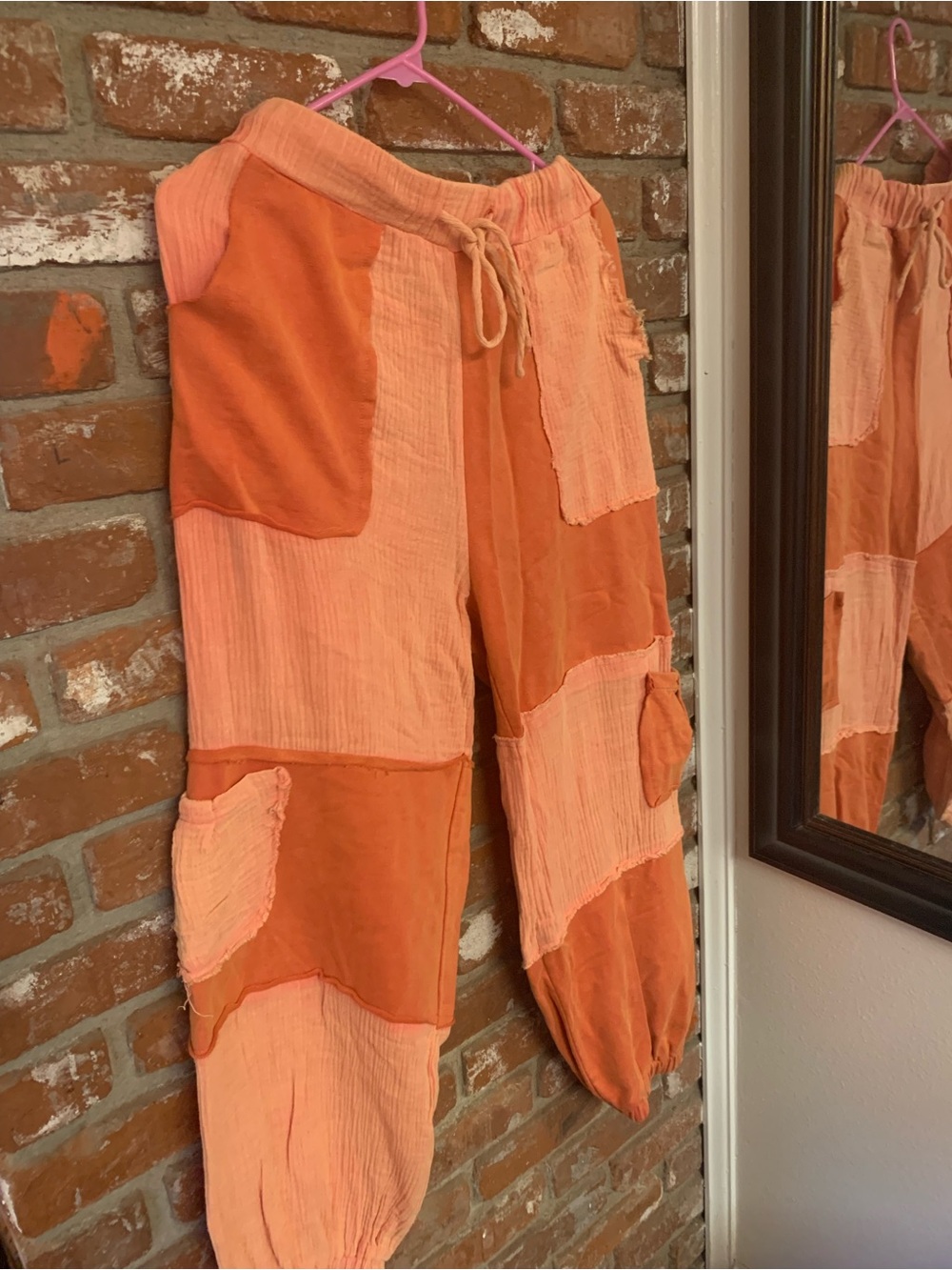 POL Two-Tone Orange Patchwork Joggers